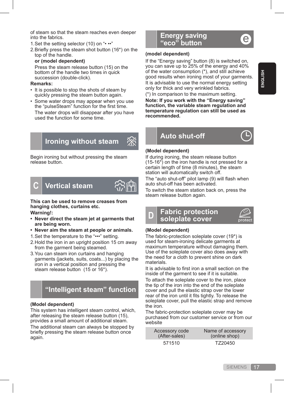 Ironing without steam, Vertical steam, Intelligent steam” function | Energy saving “eco” button, Auto shut-off, Fabric protection soleplate cover | Siemens TS22XTRM User Manual | Page 17 / 152