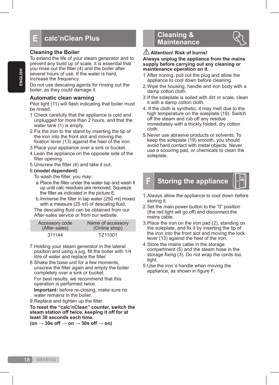 Cleaning & maintenance, Storing the appliance, Calc’nclean plus | Siemens TS22XTRM User Manual | Page 18 / 152