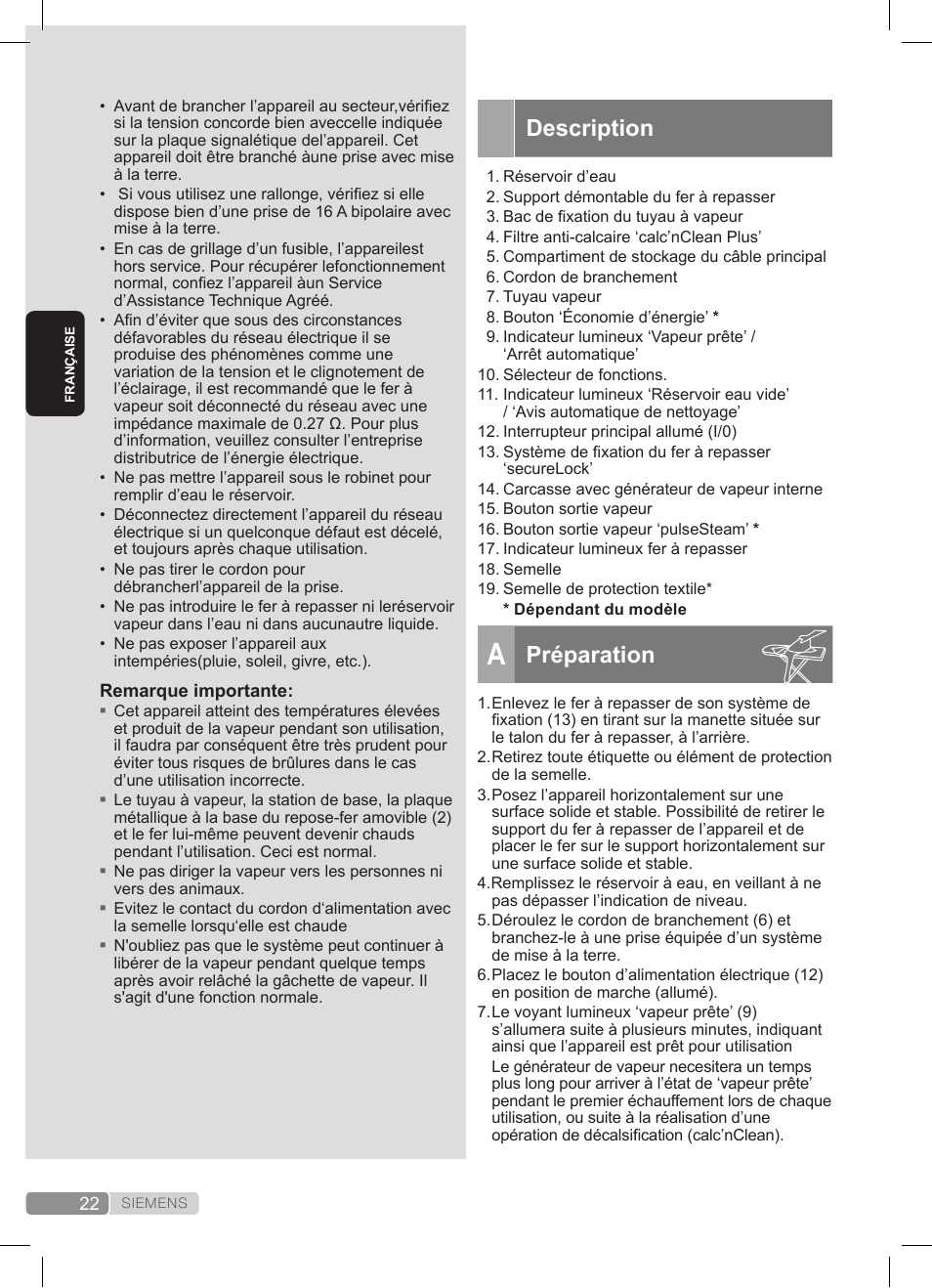 Description, Préparation | Siemens TS22XTRM User Manual | Page 22 / 152