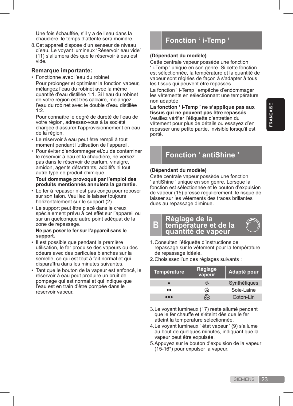 Fonction ‘ i-temp, Fonction ‘ antishine | Siemens TS22XTRM User Manual | Page 23 / 152