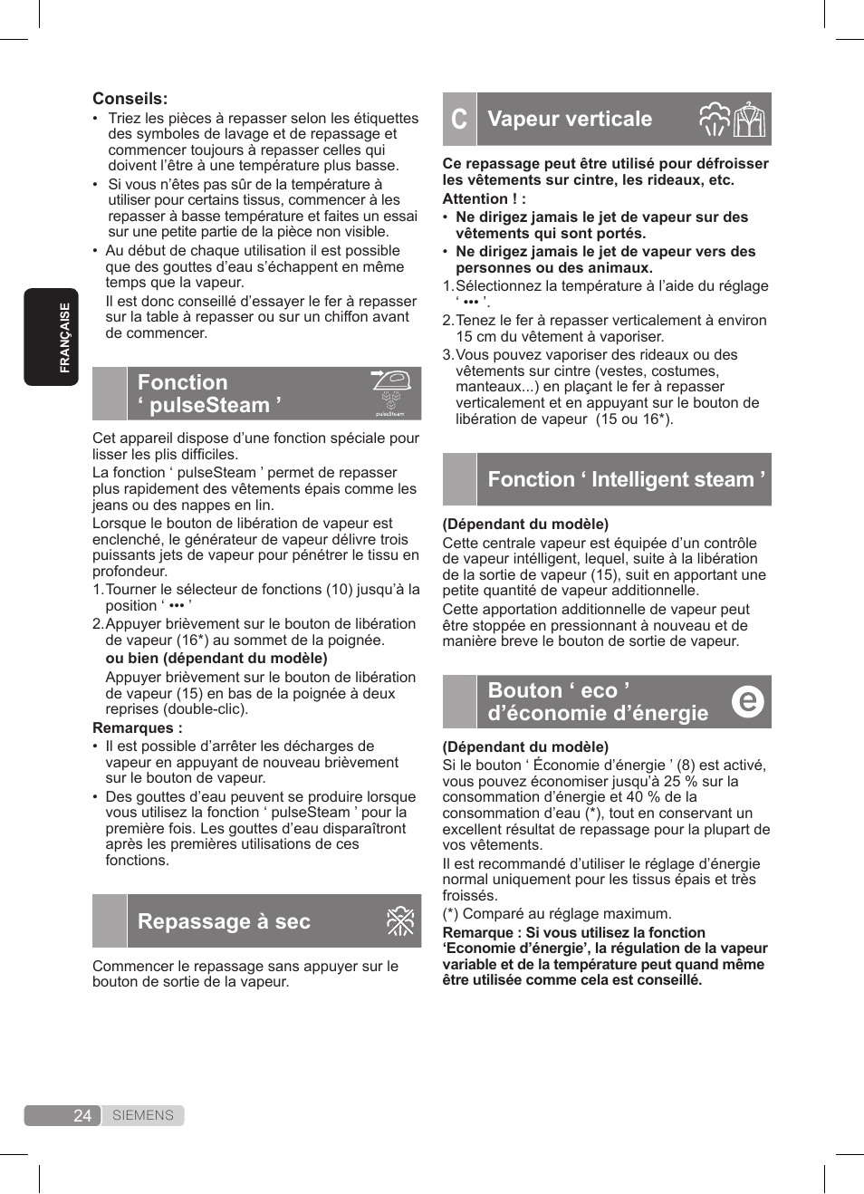 Vapeur verticale, Fonction ‘ intelligent steam, Bouton ‘ eco ’ d’économie d’énergie | Fonction ‘ pulsesteam, Repassage à sec | Siemens TS22XTRM User Manual | Page 24 / 152