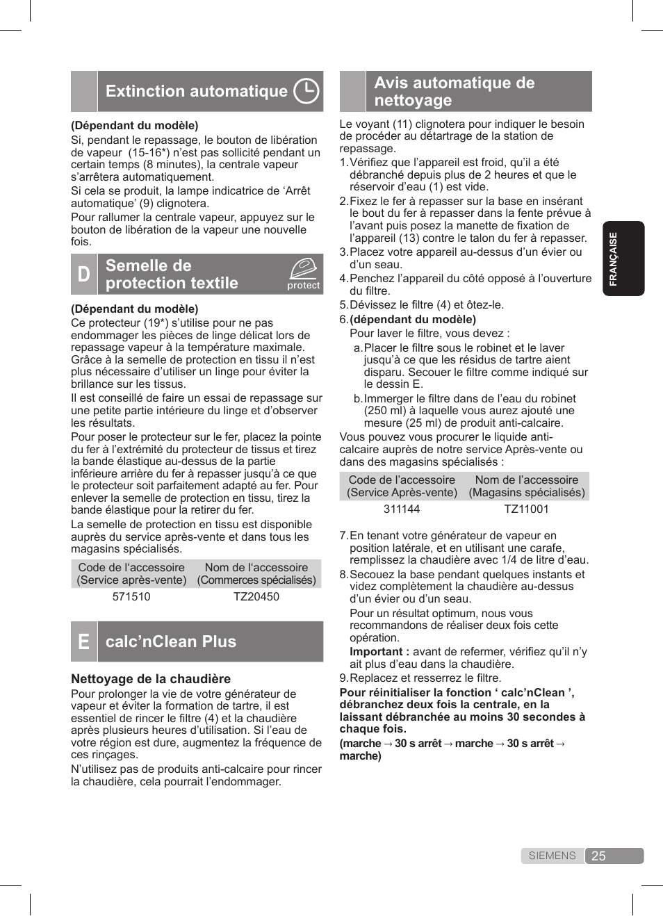 Avis automatique de nettoyage, Extinction automatique, Semelle de protection textile | Calc’nclean plus | Siemens TS22XTRM User Manual | Page 25 / 152