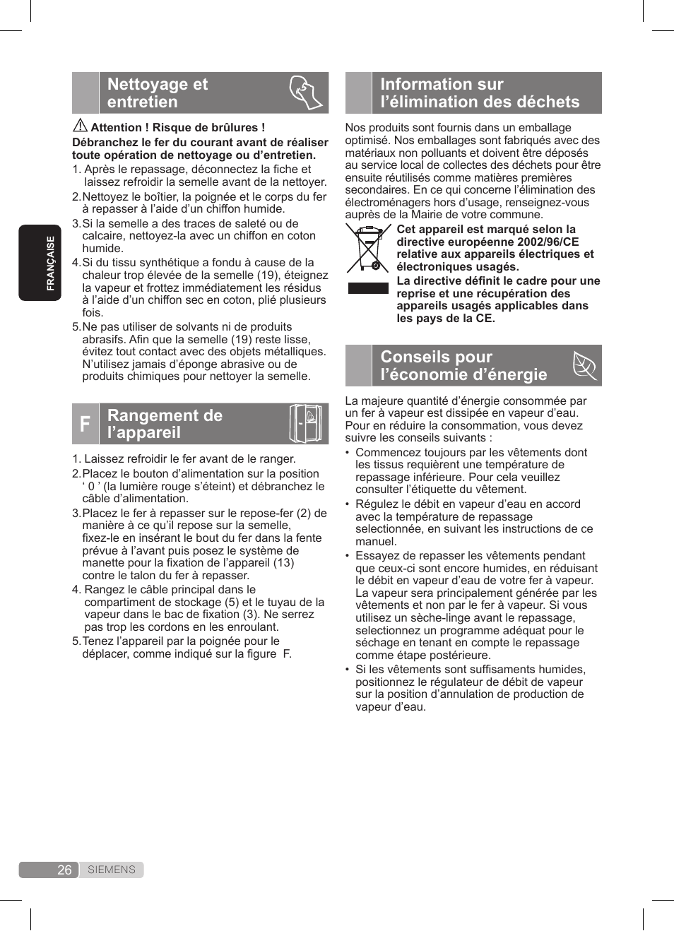 Information sur l’élimination des déchets, Conseils pour l’économie d’énergie, Nettoyage et entretien | Rangement de l’appareil | Siemens TS22XTRM User Manual | Page 26 / 152