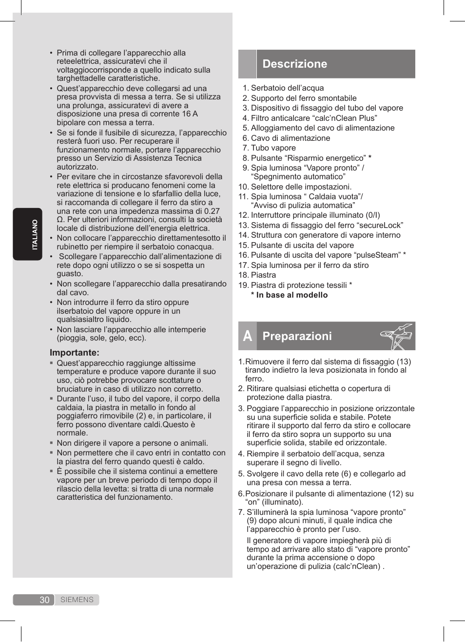 Descrizione, Preparazioni | Siemens TS22XTRM User Manual | Page 30 / 152