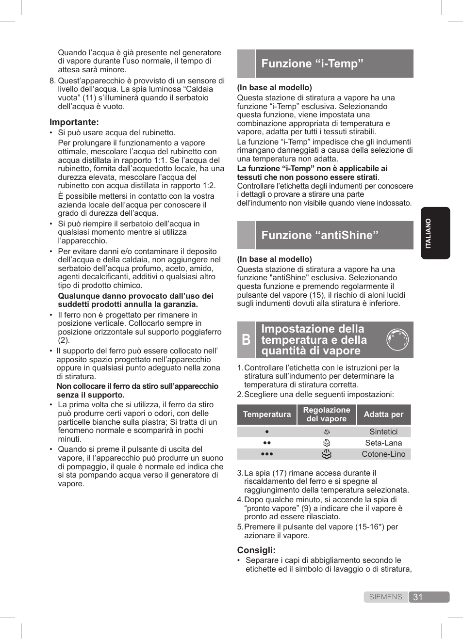 Funzione “i-temp, Funzione “antishine | Siemens TS22XTRM User Manual | Page 31 / 152