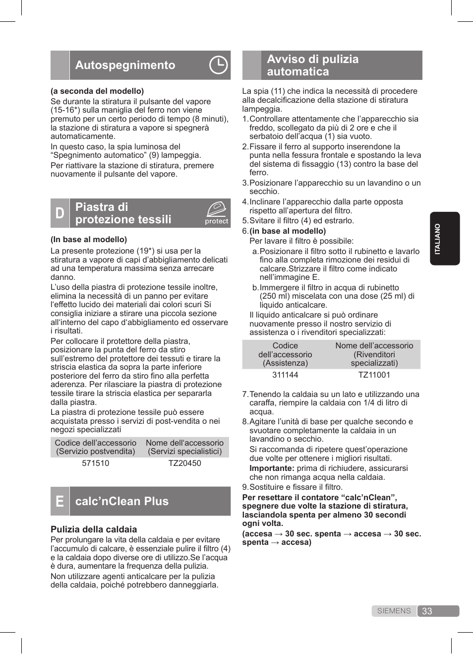 Avviso di pulizia automatica, Autospegnimento, Piastra di protezione tessili | Calc’nclean plus | Siemens TS22XTRM User Manual | Page 33 / 152