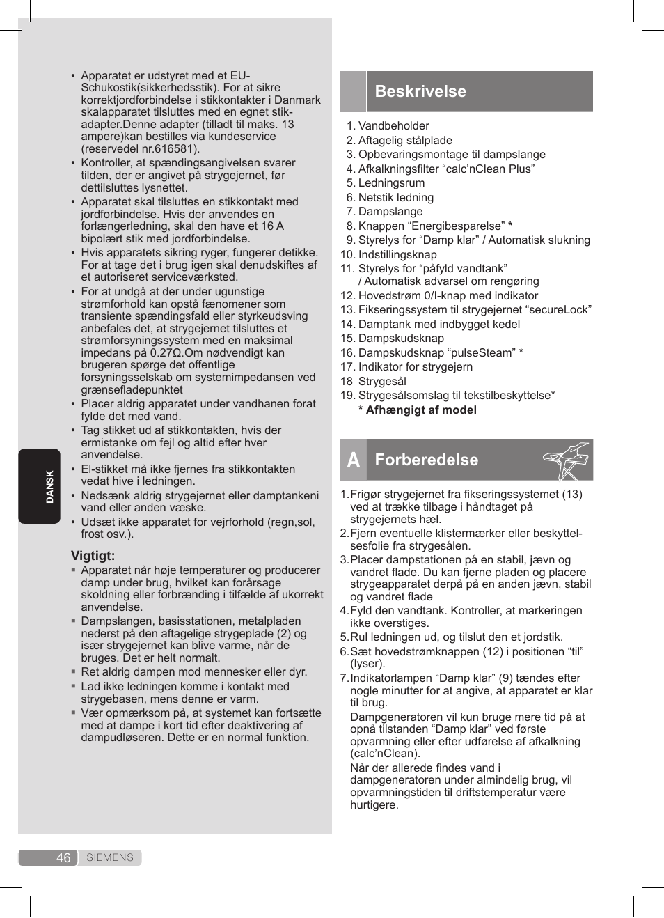 Beskrivelse, Forberedelse | Siemens TS22XTRM User Manual | Page 46 / 152