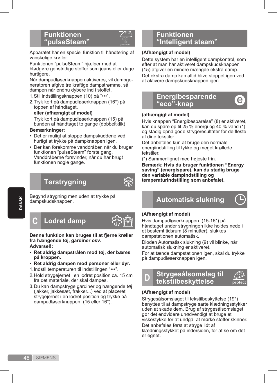 Funktionen “pulsesteam, Tørstrygning, Lodret damp | Funktionen “intelligent steam, Energibesparende “eco”-knap, Automatisk slukning, Strygesålsomslag til tekstilbeskyttelse | Siemens TS22XTRM User Manual | Page 48 / 152