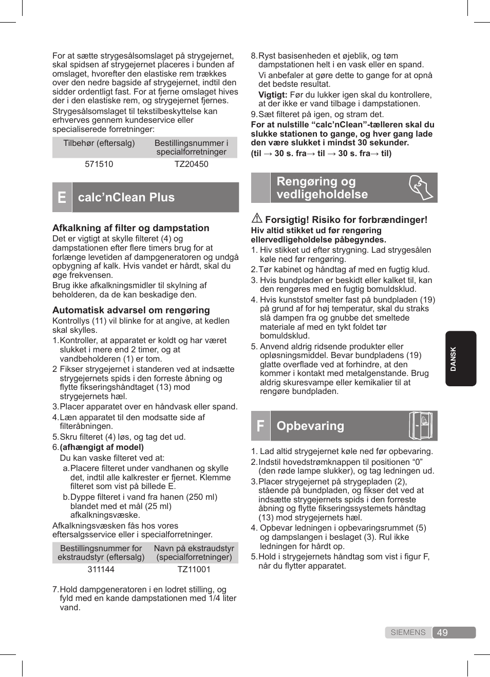 Rengøring og vedligeholdelse, Opbevaring, Calc’nclean plus | Siemens TS22XTRM User Manual | Page 49 / 152