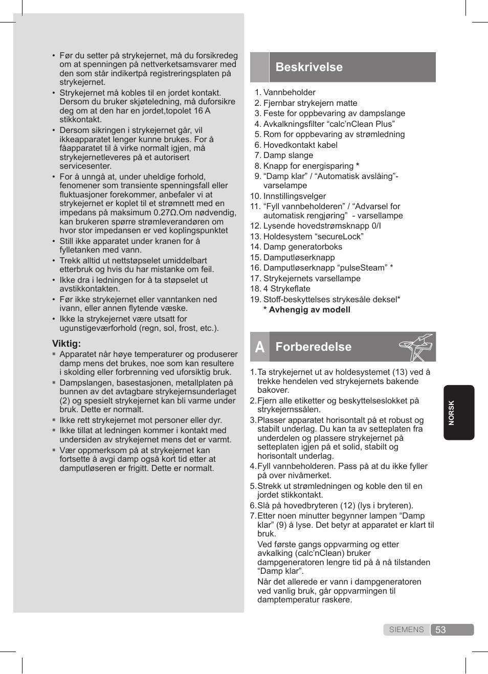 Beskrivelse, Forberedelse | Siemens TS22XTRM User Manual | Page 53 / 152