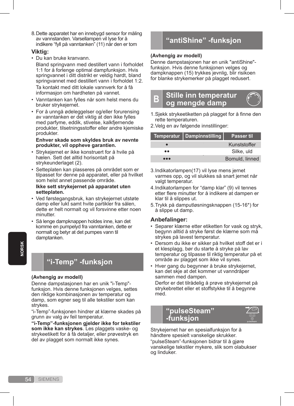 Antishine” -funksjon, Stille inn temperatur og mengde damp, Pulsesteam” -funksjon | I-temp” -funksjon | Siemens TS22XTRM User Manual | Page 54 / 152