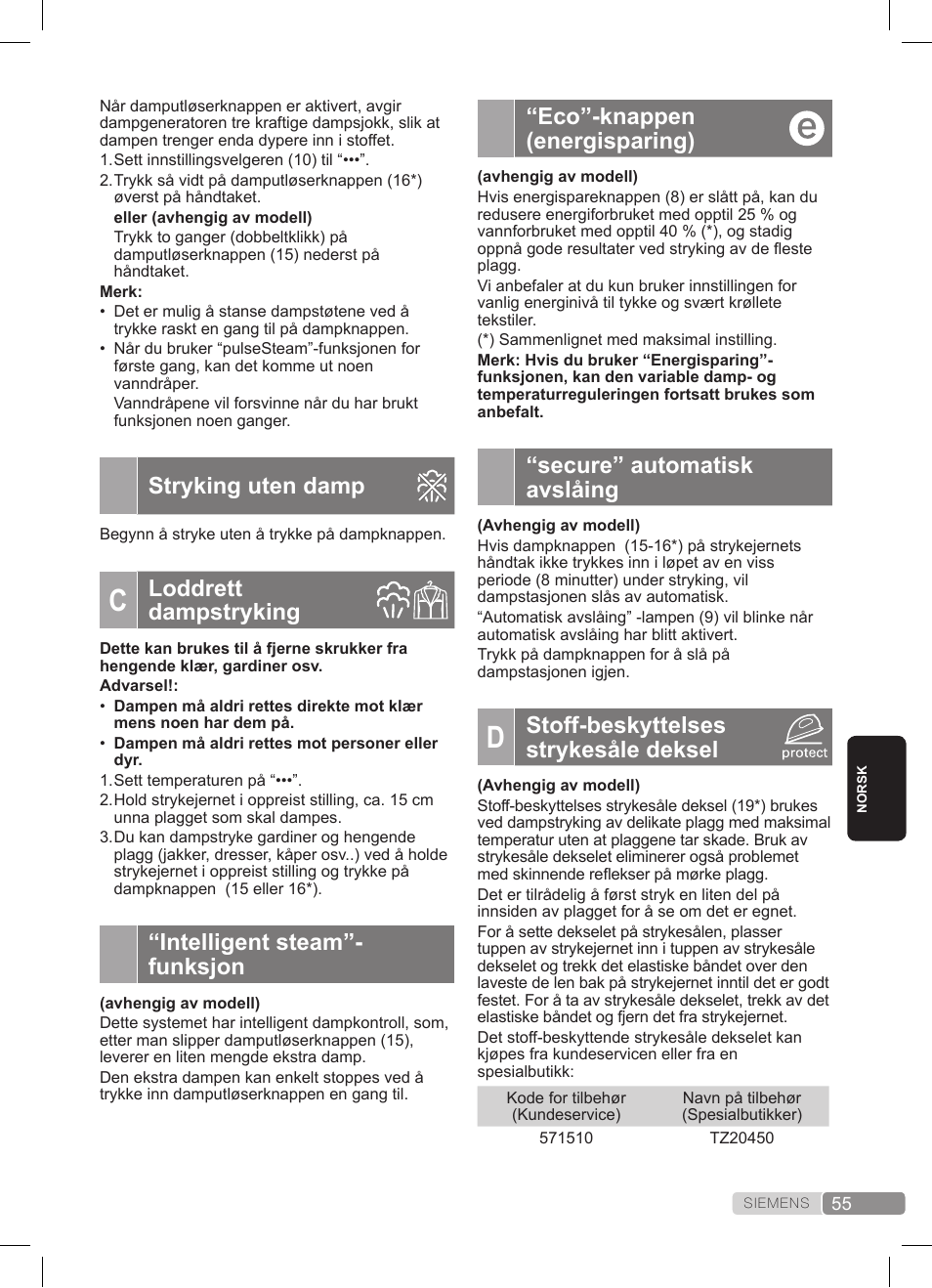 Eco”-knappen (energisparing), Secure” automatisk avslåing, Stoff-beskyttelses strykesåle deksel | Stryking uten damp, Loddrett dampstryking, Intelligent steam”- funksjon | Siemens TS22XTRM User Manual | Page 55 / 152