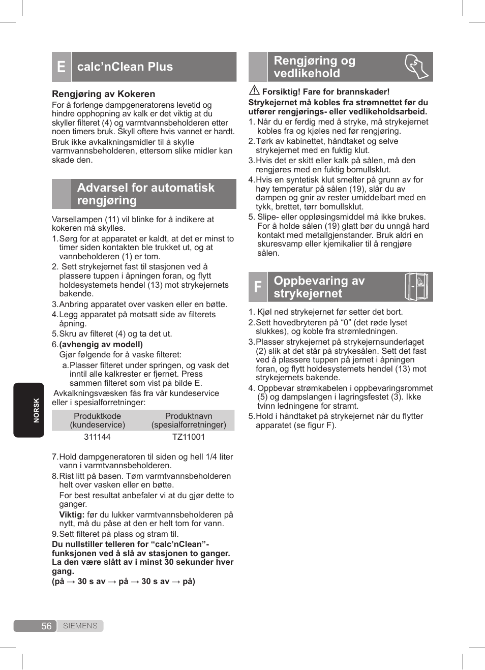 Rengjøring og vedlikehold, Oppbevaring av strykejernet, Calc’nclean plus | Advarsel for automatisk rengjøring | Siemens TS22XTRM User Manual | Page 56 / 152