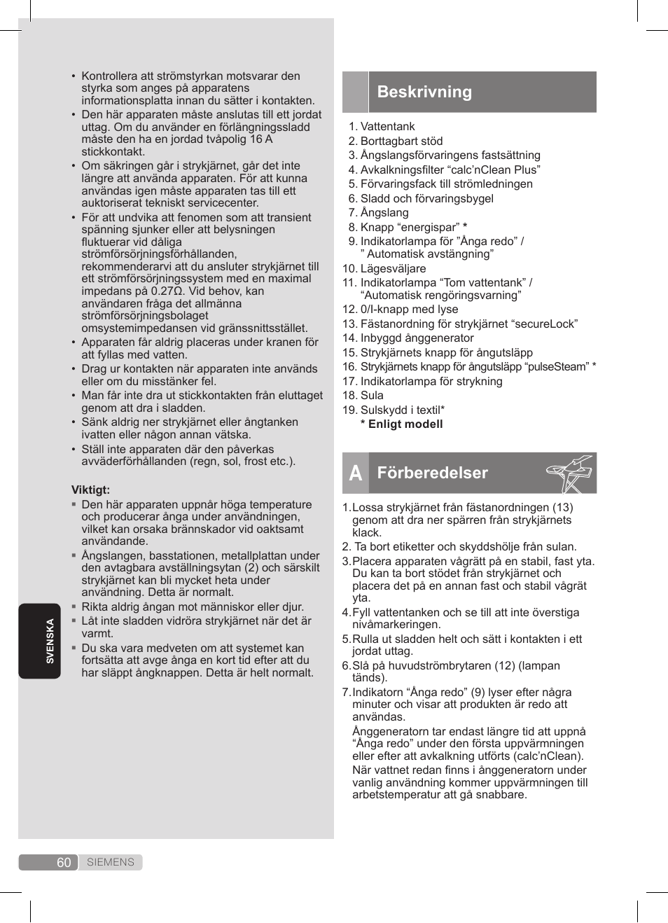 Beskrivning, Förberedelser | Siemens TS22XTRM User Manual | Page 60 / 152