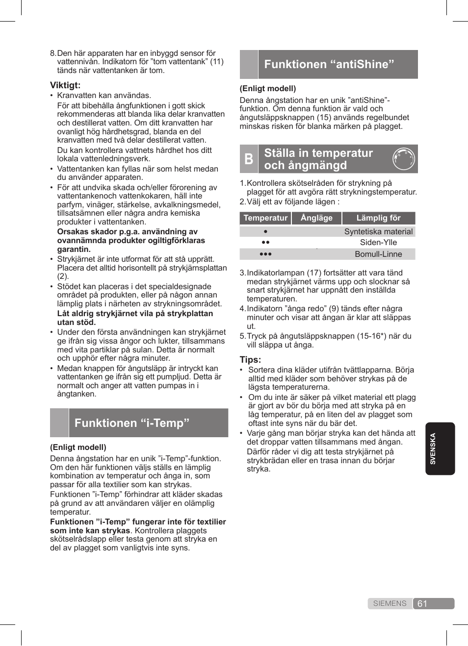 Funktionen “antishine, Ställa in temperatur och ångmängd, Funktionen “i-temp | Siemens TS22XTRM User Manual | Page 61 / 152