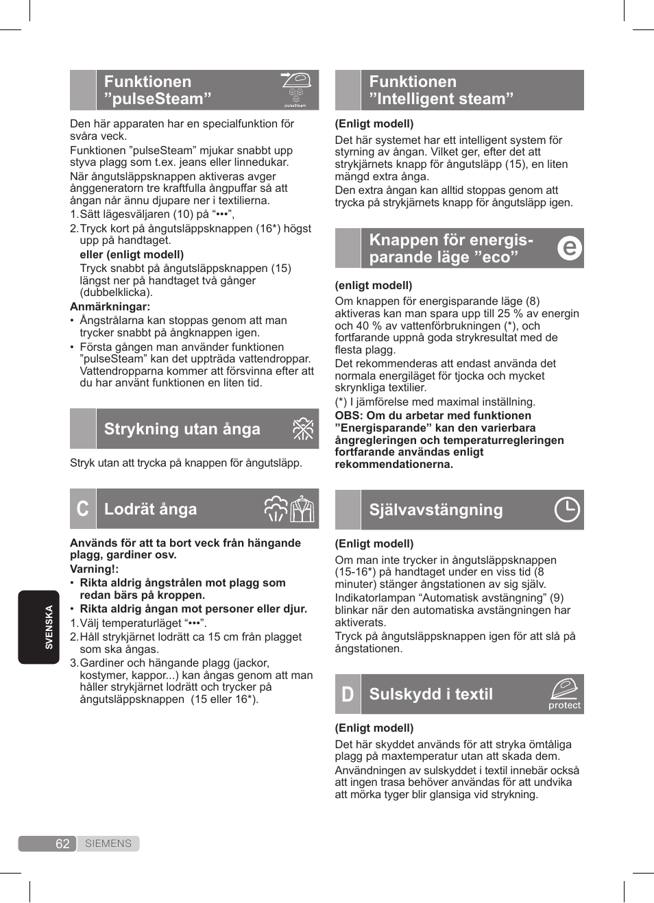 Funktionen ”intelligent steam, Knappen för energis- parande läge ”eco, Självavstängning | Sulskydd i textil, Funktionen ”pulsesteam, Strykning utan ånga, Lodrät ånga | Siemens TS22XTRM User Manual | Page 62 / 152