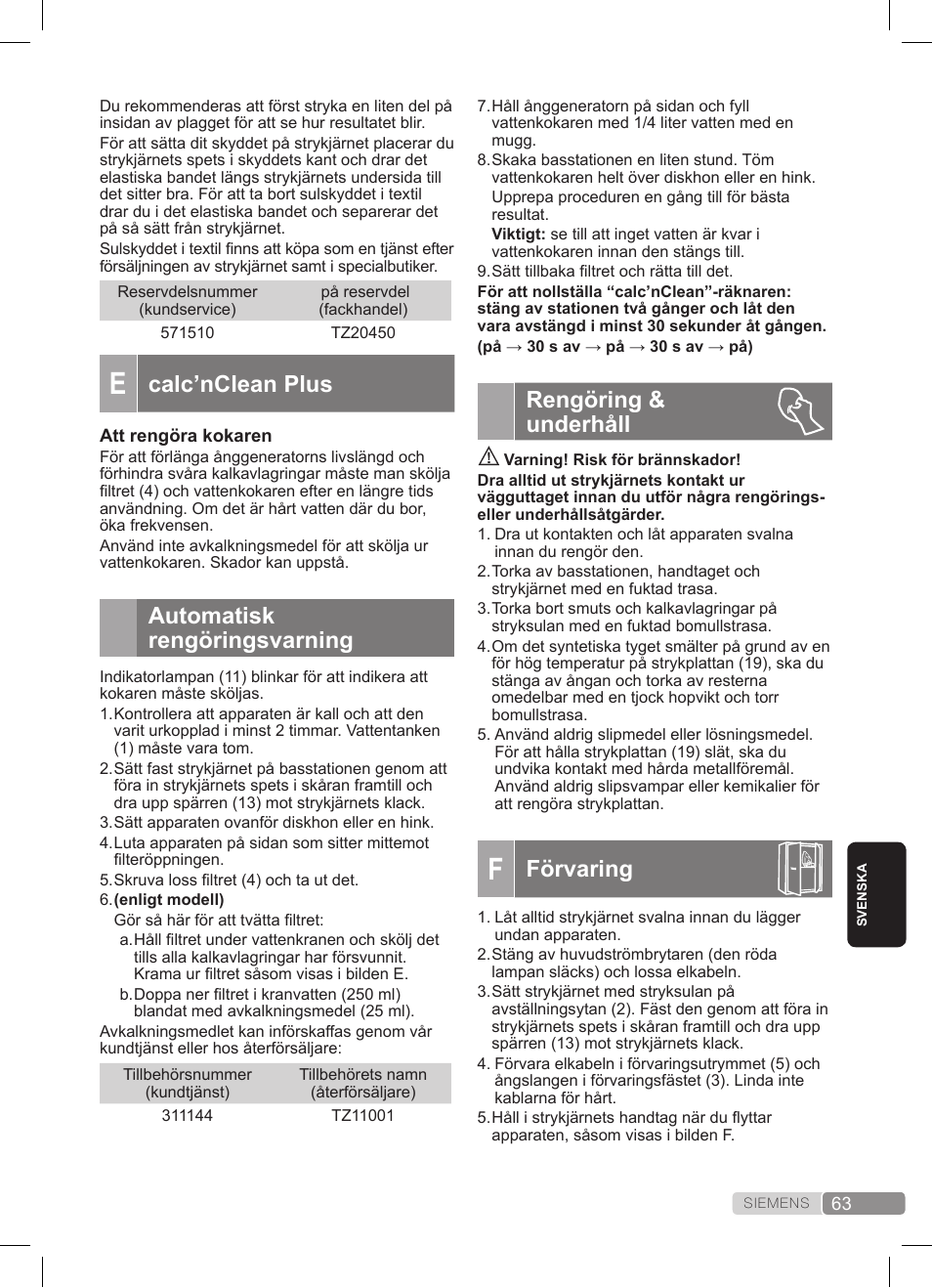 Rengöring & underhåll, Förvaring, Calc’nclean plus | Automatisk rengöringsvarning | Siemens TS22XTRM User Manual | Page 63 / 152