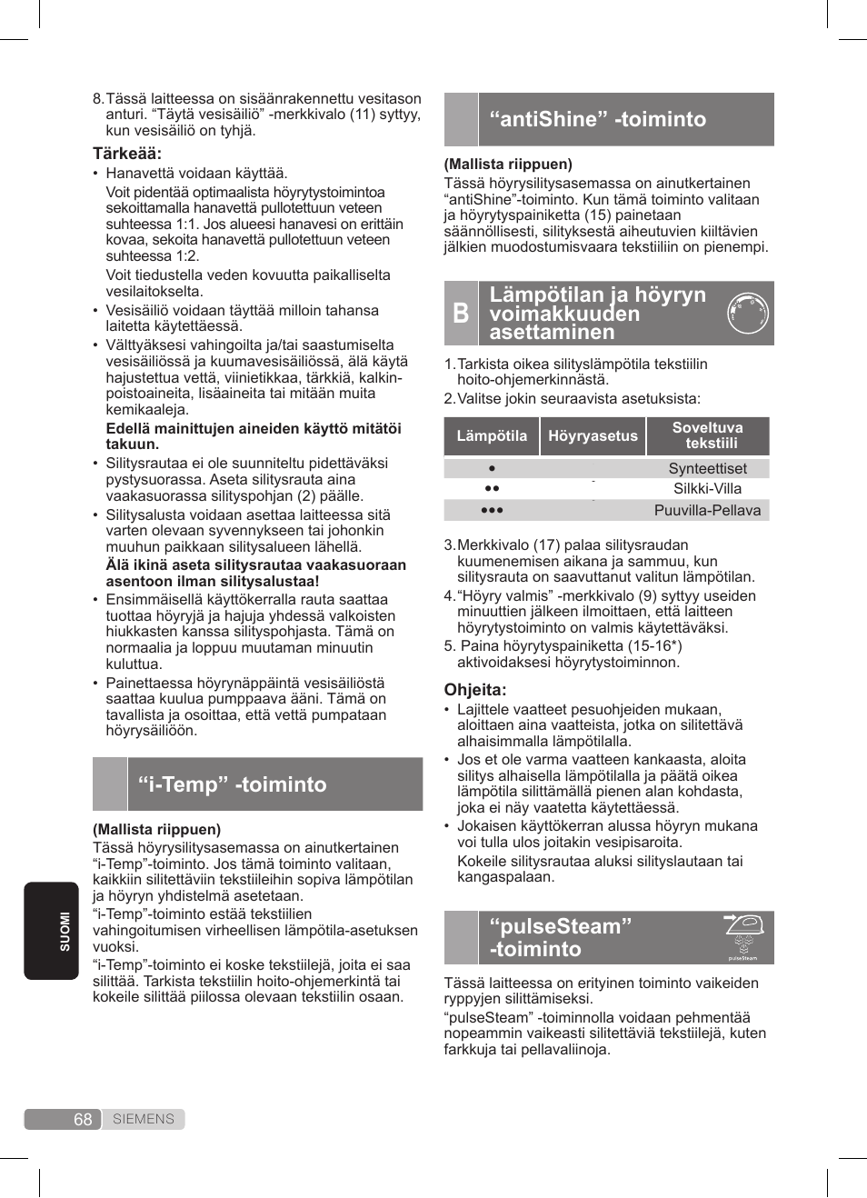 Antishine” -toiminto, Lämpötilan ja höyryn voimakkuuden asettaminen, Pulsesteam” -toiminto | I-temp” -toiminto | Siemens TS22XTRM User Manual | Page 68 / 152