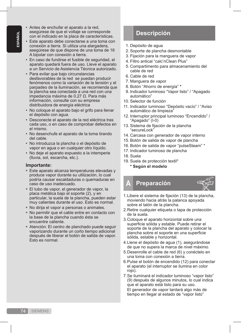 Descripción, Preparación | Siemens TS22XTRM User Manual | Page 74 / 152