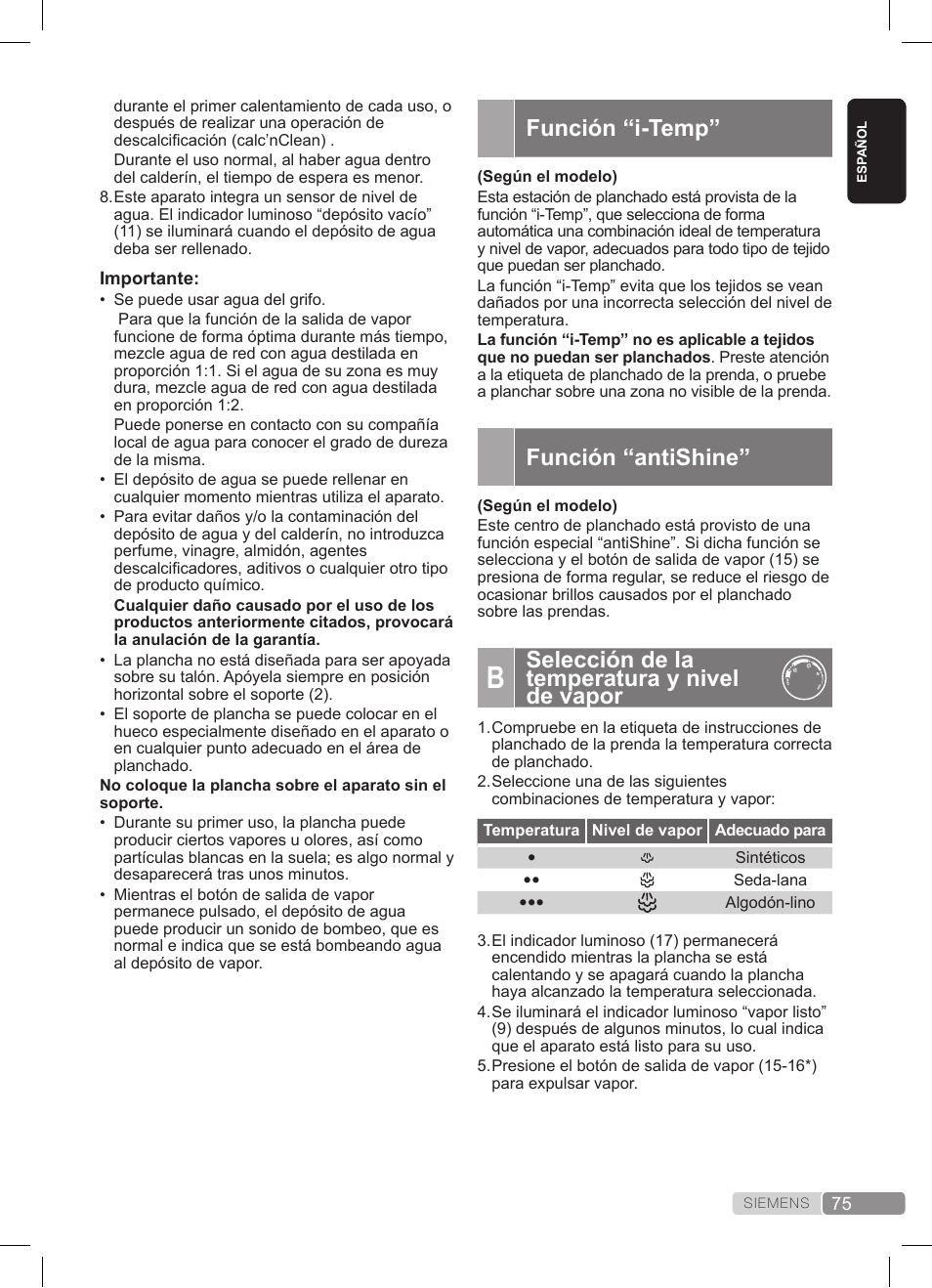 Función “i-temp, Función “antishine, Selección de la temperatura y nivel de vapor | Siemens TS22XTRM User Manual | Page 75 / 152