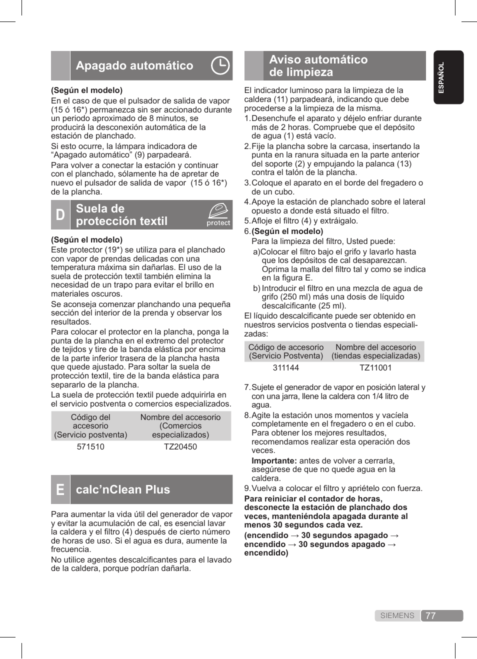 Aviso automático de limpieza, Apagado automático, Suela de protección textil | Calc’nclean plus | Siemens TS22XTRM User Manual | Page 77 / 152