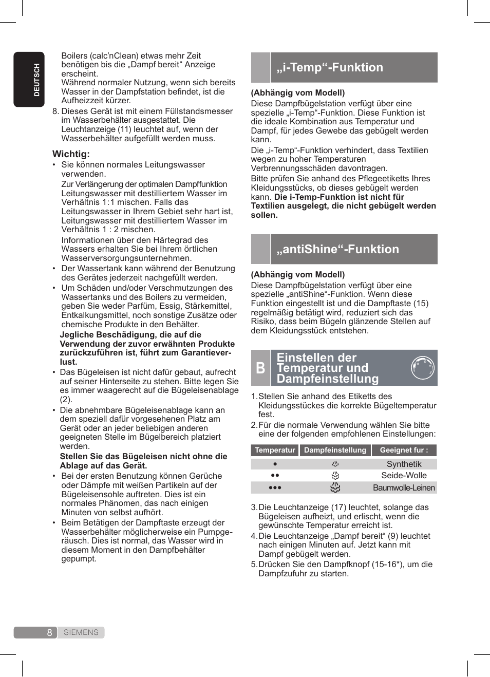 I-temp“-funktion, Antishine“-funktion, Einstellen der temperatur und dampfeinstellung | Siemens TS22XTRM User Manual | Page 8 / 152