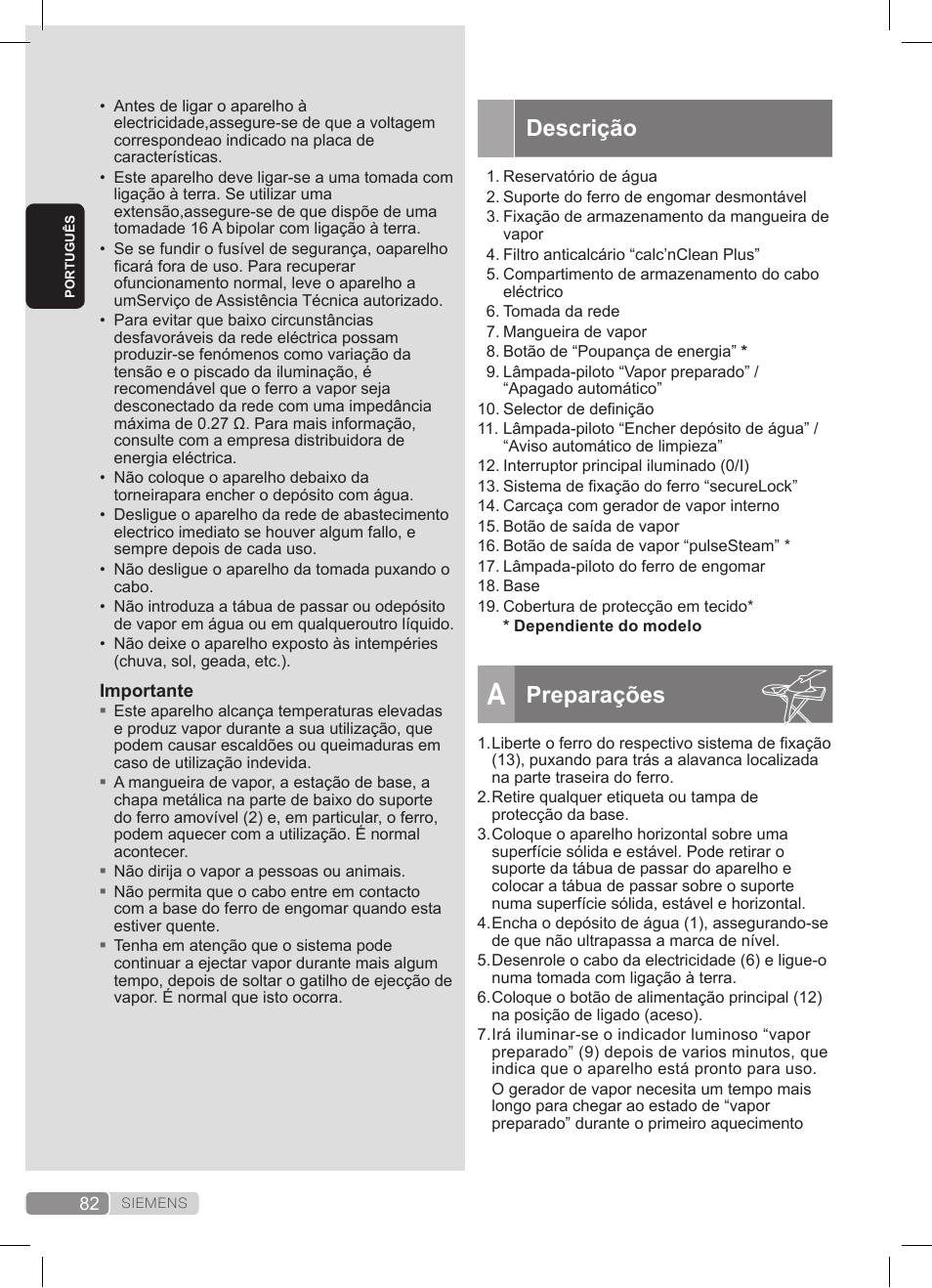 Descrição, Preparações | Siemens TS22XTRM User Manual | Page 82 / 152