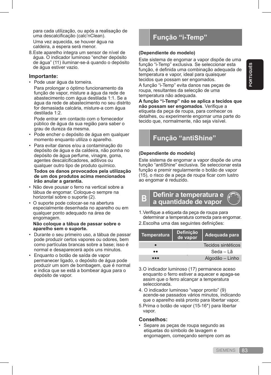 Função “i-temp, Função “antishine, Definir a temperatura e a quantidade de vapor | Siemens TS22XTRM User Manual | Page 83 / 152