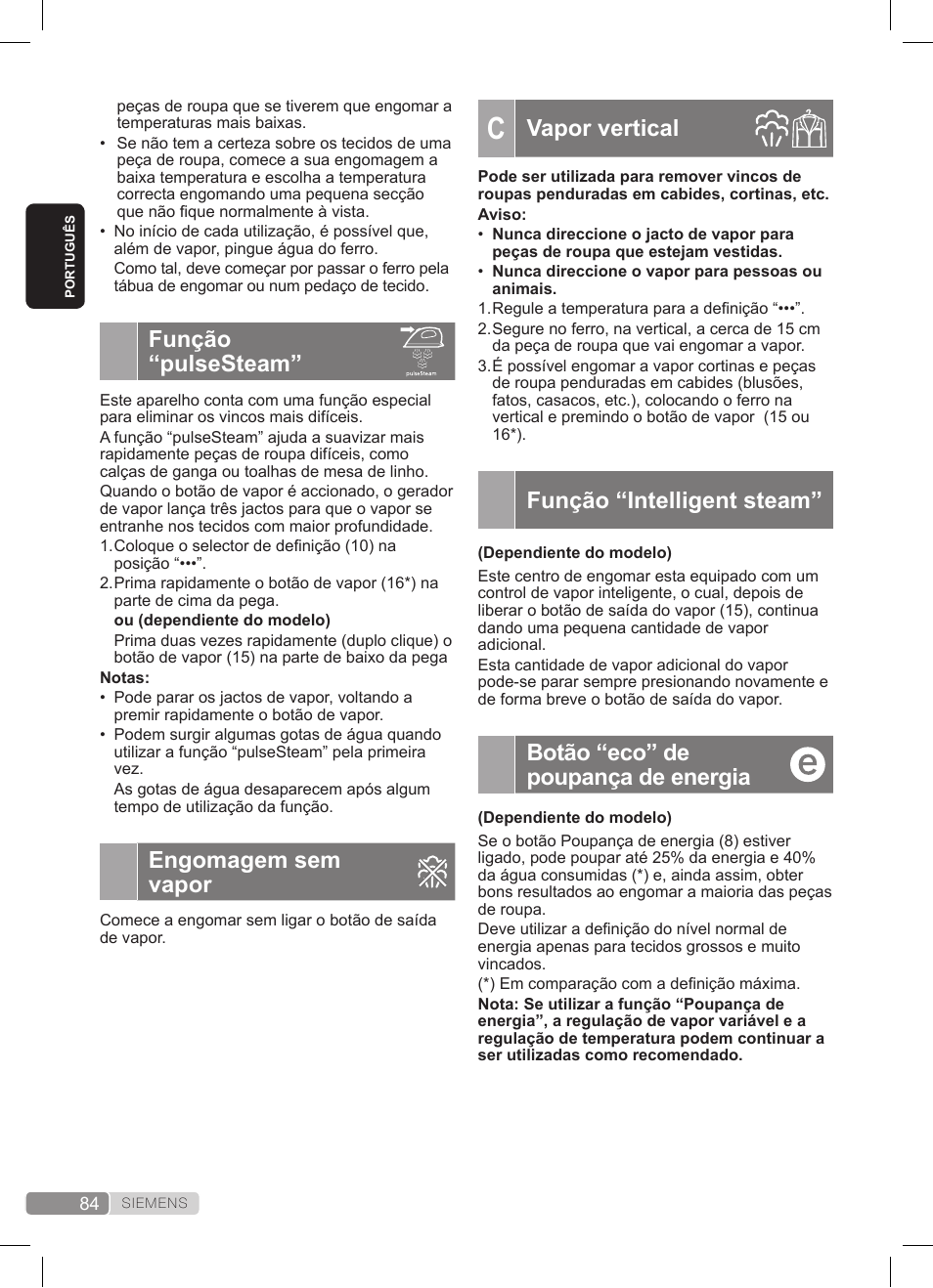 Vapor vertical, Função “intelligent steam, Botão “eco” de poupança de energia | Função “pulsesteam, Engomagem sem vapor | Siemens TS22XTRM User Manual | Page 84 / 152