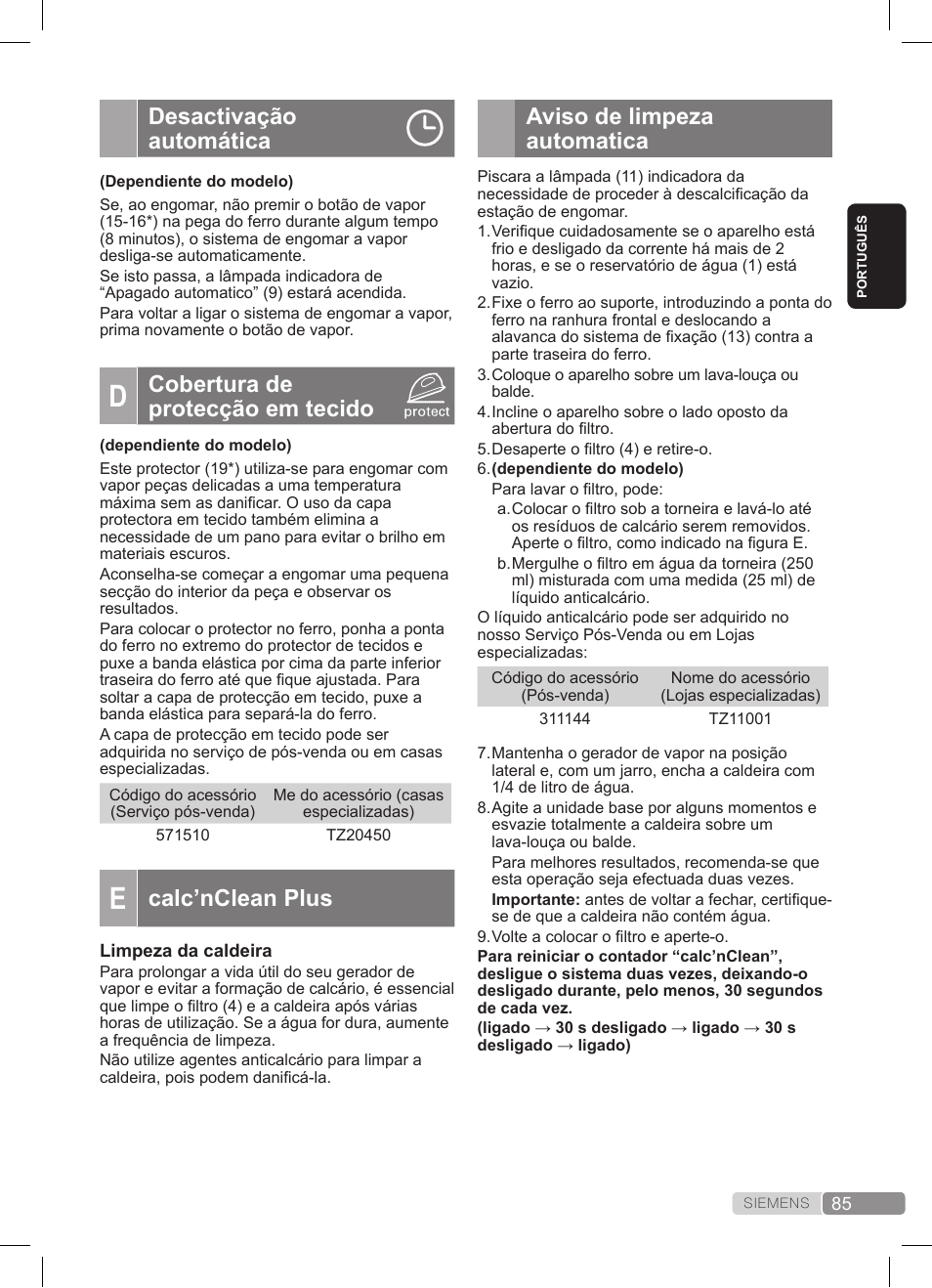 Aviso de limpeza automatica, Desactivação automática, Cobertura de protecção em tecido | Calc’nclean plus | Siemens TS22XTRM User Manual | Page 85 / 152