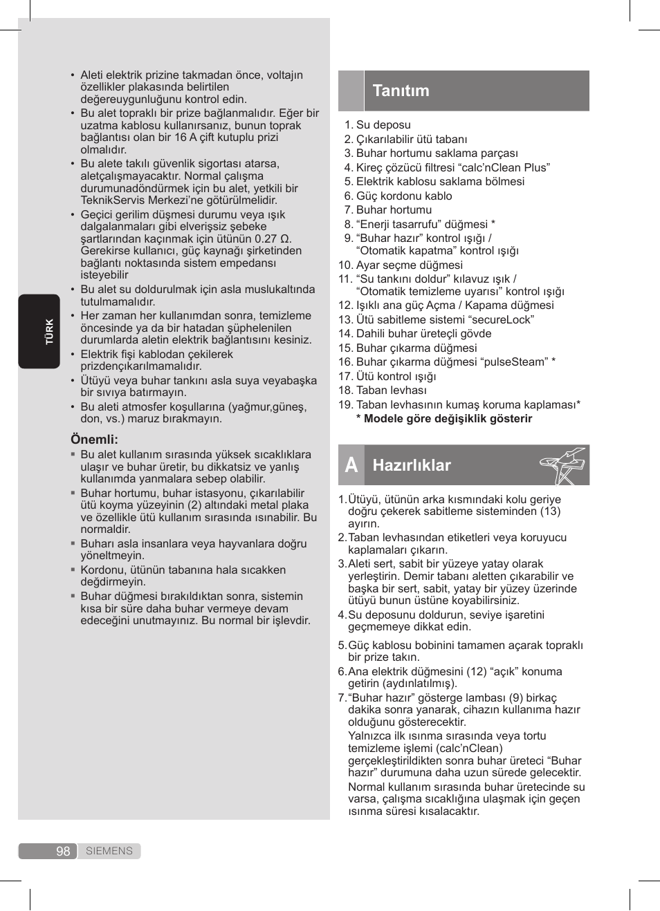 Tanıtım, Hazırlıklar | Siemens TS22XTRM User Manual | Page 98 / 152