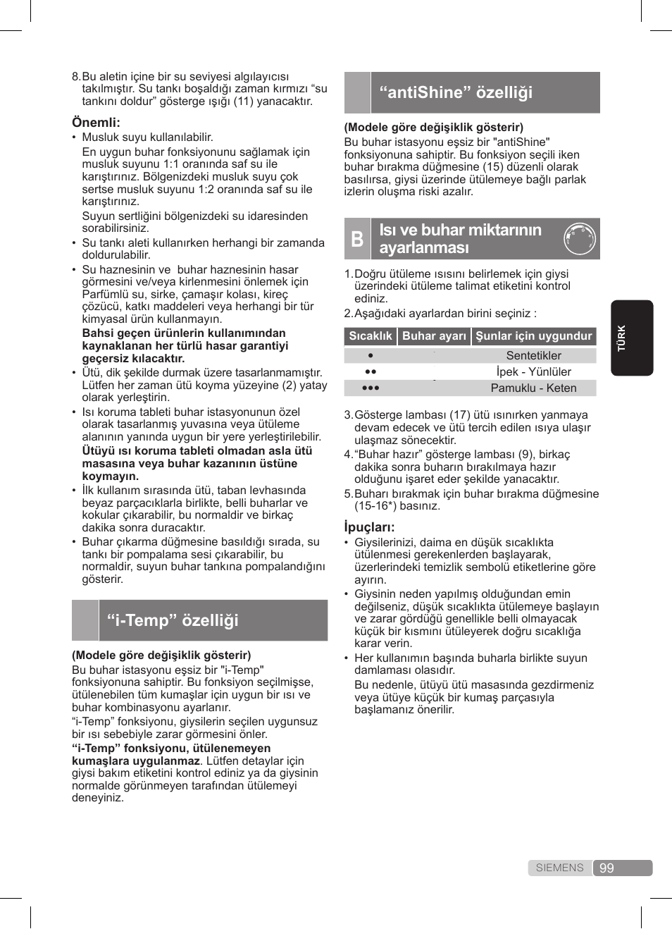 Antishine” özelliği, Isı ve buhar miktarının ayarlanması, I-temp” özelliği | Siemens TS22XTRM User Manual | Page 99 / 152