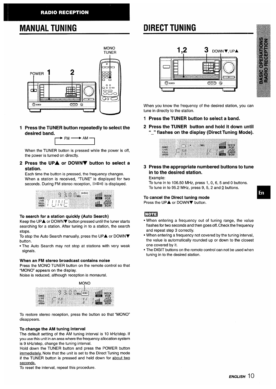 Manual tuning, Press the upa or downt button to select a station, Direct tuning | 1 press the tuner button to select a band, 2 press the tuner button and hold it down until, Flashes on the display (direct tuning mode), To cancel the direct tuning mode, To search for a station quickly (auto search), When an fm stereo broadcast contains noise, To change the am tuning intervai | Aiwa AV-X220 User Manual | Page 11 / 60