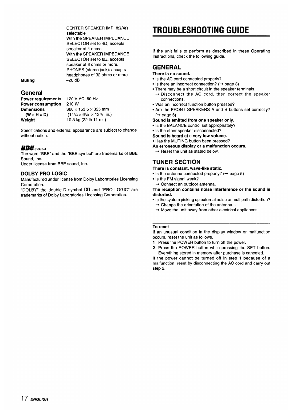 Dolby pro logic, Troubleshooting guide, General | Tuner section, To reset | Aiwa AV-X220 User Manual | Page 18 / 60