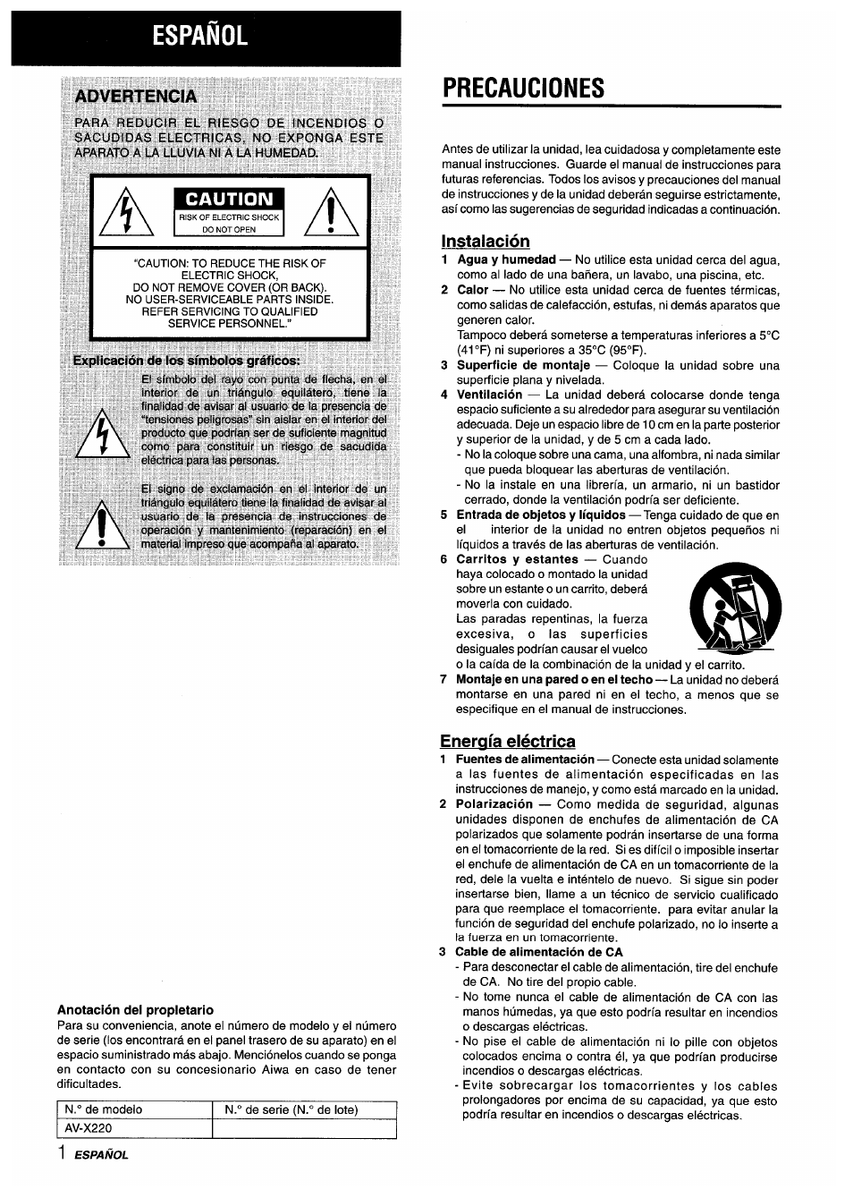 Español, Advertencia, Precauciones | Caution, Explicación de los símbolos gráficos, Anotación del propietario, Instalación, Energía eléctrica, 3 cable de alimentación de ca | Aiwa AV-X220 User Manual | Page 20 / 60