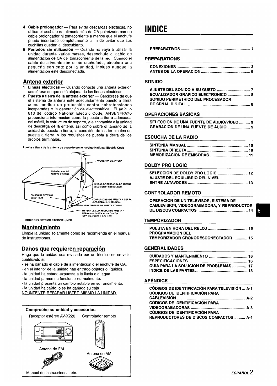 Antena exterior, Indice, Mantenimiento | Daños que requieren reparación | Aiwa AV-X220 User Manual | Page 21 / 60