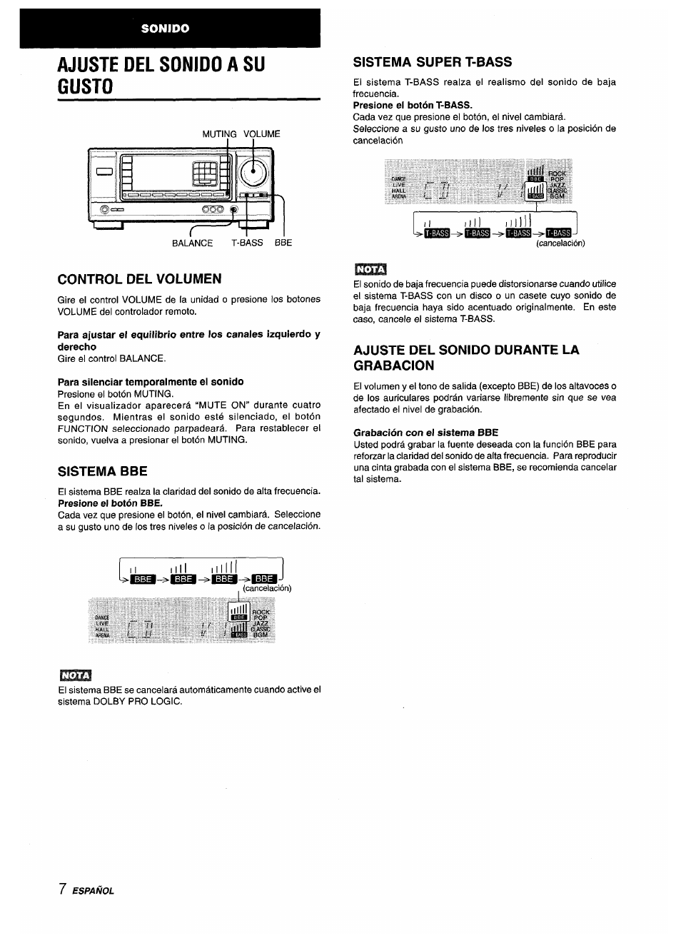Ajuste del sonido a su gusto, Sistema super t-bass, Presione el botón t-bass | Control del volumen, Para silenciar temporalmente el sonido, Sistema bbe, Presione el botón bbe, Ajuste del sonido durante la grabacion, Grabación con el sistema bbe | Aiwa AV-X220 User Manual | Page 26 / 60