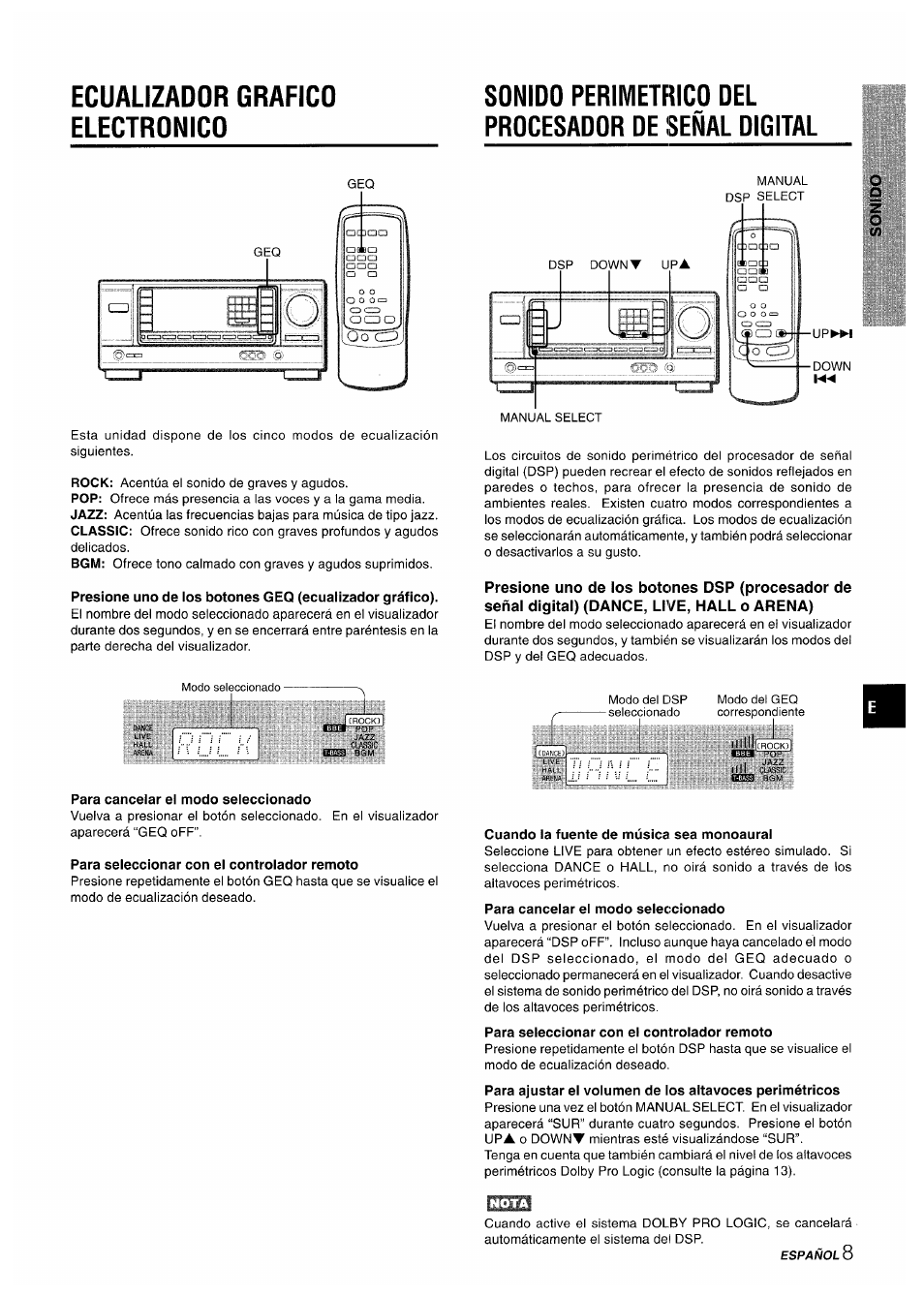 Sonido perimetrico del procesador de señal digital, Para cancelar el modo seleccionado, Para seleccionar con el controlador remoto | Cuando la fuente de música sea monoaural, Sonido perimetrico del procesador, De señal digital | Aiwa AV-X220 User Manual | Page 27 / 60