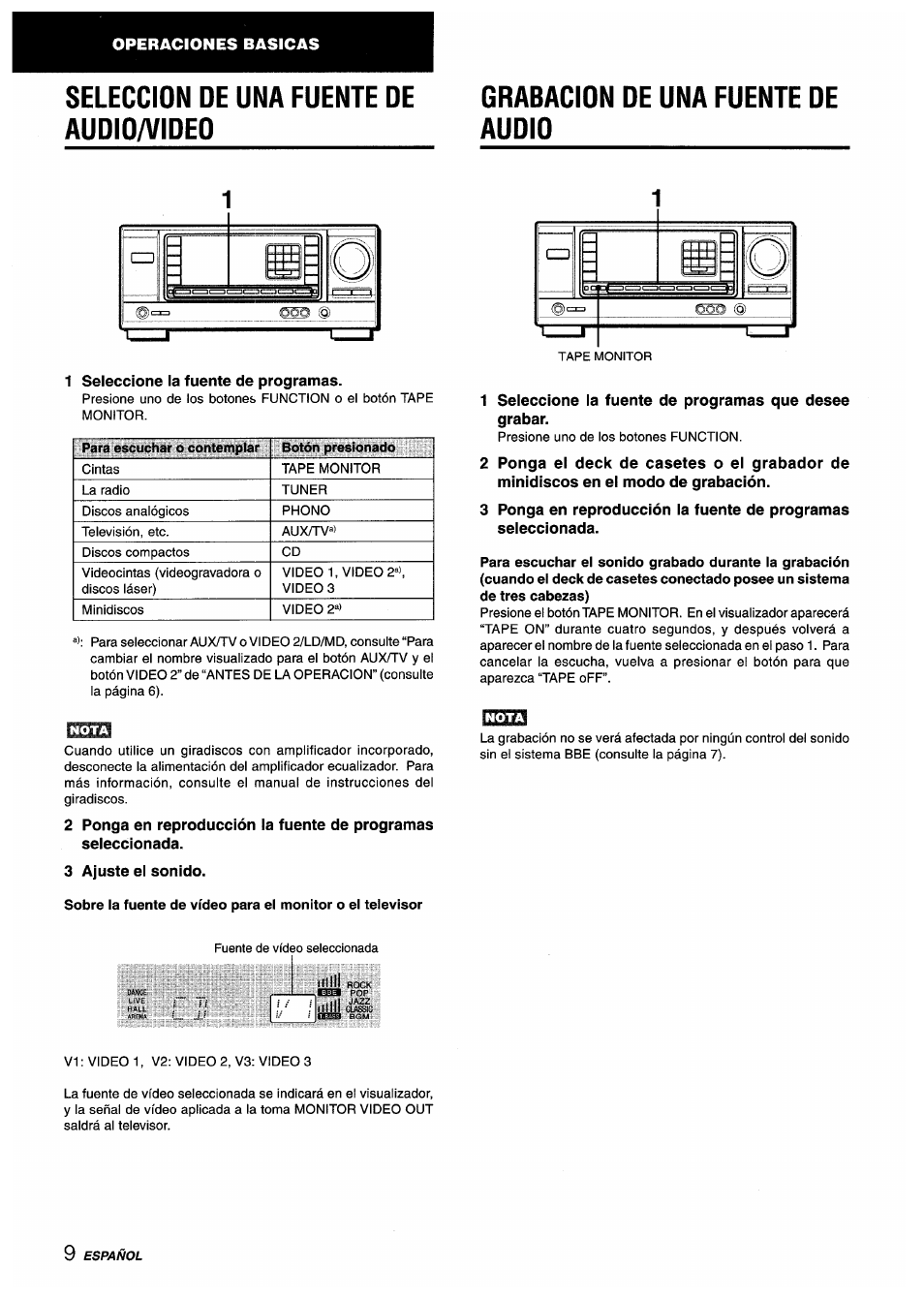 Seleccion de una fuente de audio/video, Grabacion de una fuente de audio, 1 seleccione la fuente de programas | 3 ajuste el sonido | Aiwa AV-X220 User Manual | Page 28 / 60