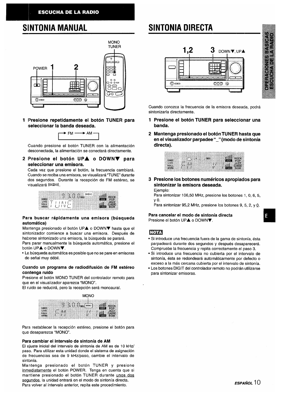 Sintonia manual, Losa pop, Sintonia directa | Q. (/), Para cancelar el modo de sintonía directa, Para cambiar el intervalo de sintonía de am, Sintonia manual sintonia directa, I oc 3, Escucha de la radio | Aiwa AV-X220 User Manual | Page 29 / 60