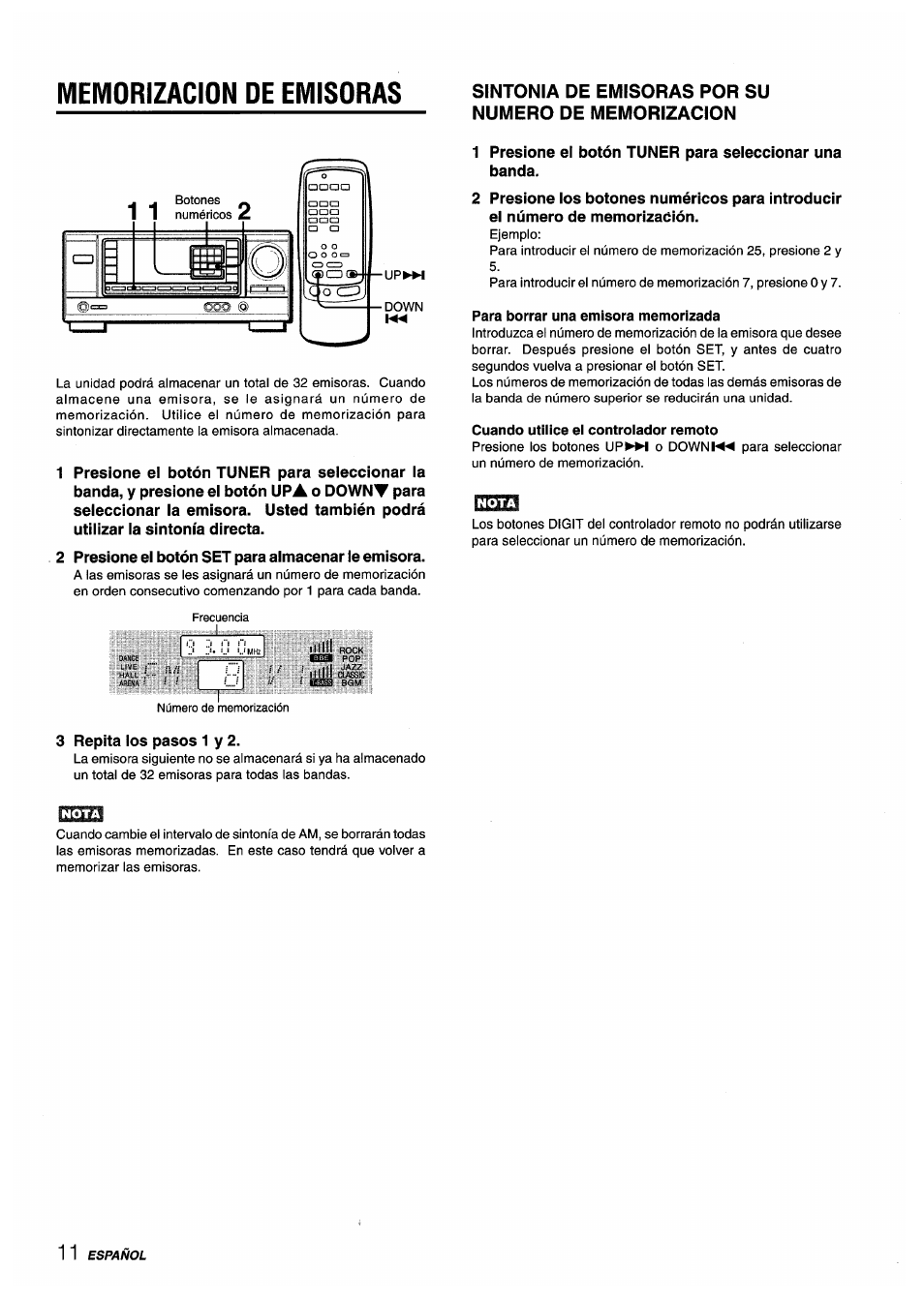 Memorizacion de emisoras, Sintonia de emisoras por su numero de memorizacion, Para borrar una emisora memorizada | Cuando utilice el controlador remoto | Aiwa AV-X220 User Manual | Page 30 / 60