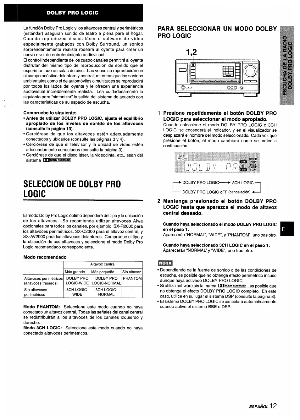 Para seleccionar un modo dolby pro logic, Compruebe lo siguiente, Seleccion de dolby pro logic | Cuando haya seleccionado 3ch logic en el paso 1, Dolby pro logic | Aiwa AV-X220 User Manual | Page 31 / 60