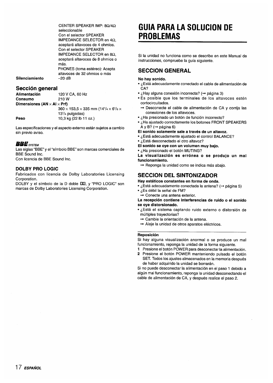 Sección general, Dolby pro logic, Guia para la solucion de problemas | Seccion general, No hay sonido, Seccion del sintonizador, Reposición | Aiwa AV-X220 User Manual | Page 36 / 60