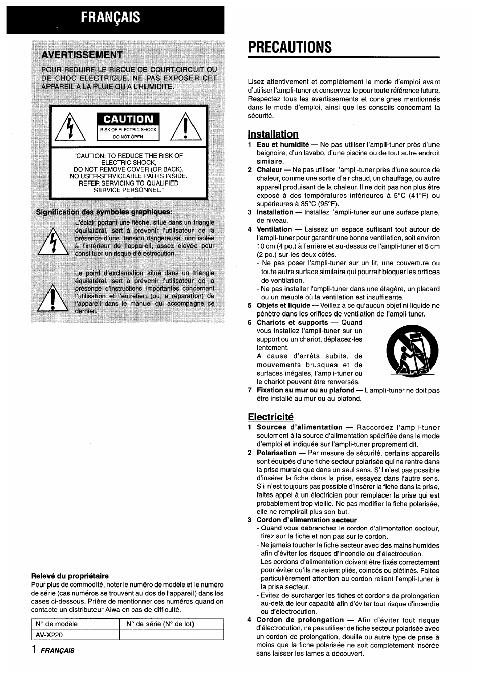Français, Avertissement, Precautions | Caution, Signification des symboles graphiques, Relevé du propriétaire, Installation, Electricité, 3 cordon d’alimentation secteur | Aiwa AV-X220 User Manual | Page 38 / 60