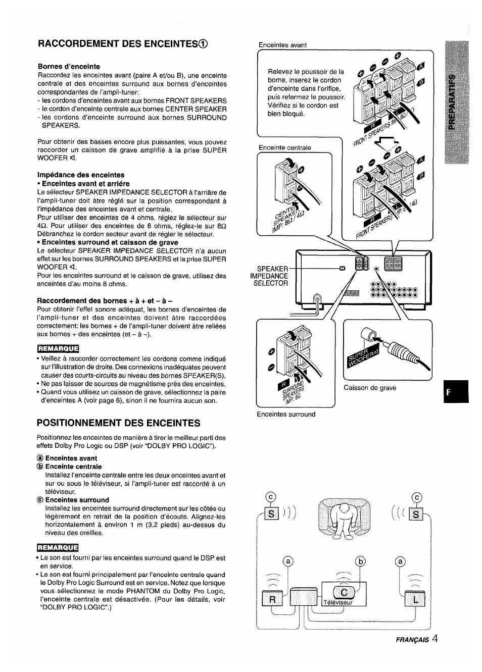 Bornes d’enceinte, Raccordement des bornes + à + et - à, Positionnement des enceintes | Raccordement des enceintes0 | Aiwa AV-X220 User Manual | Page 41 / 60