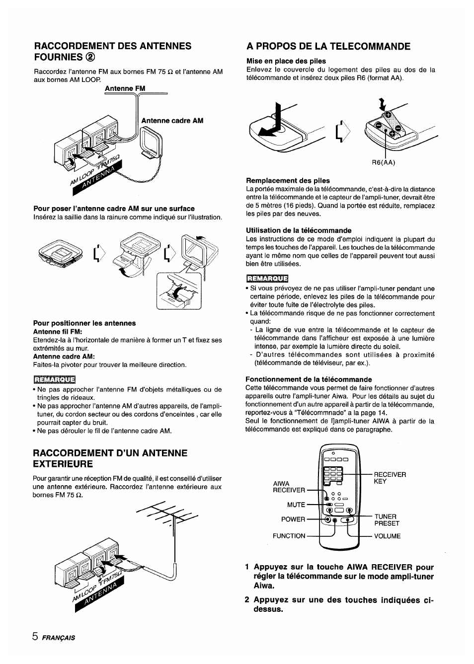 Raccordement des antennes fournies (d, Pour poser l’antenne cadre am sur une surface, A propos de la telecommande | Mise en place des piles, Remplacement des piles, Utilisation de la télécommande, Fonctionnement de la télécommande, Raccordement d’un antenne exterieure, 2 appuyez sur une des touches indiquées ci- dessus | Aiwa AV-X220 User Manual | Page 42 / 60