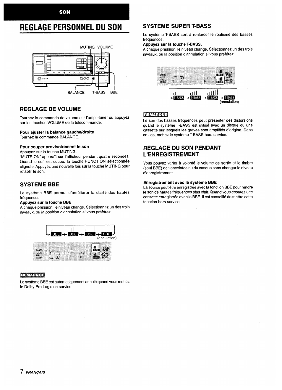 Reglage personnel du son, Reglage de volume, Pour ajuster la balance gauche/droite | Systeme super t-bass, Pour couper provisoirement le son, Reglage du son pendant l'enregistrement, Systeme bbe, Enregistrement avec le système bbe, Reglage de l'horloge | Aiwa AV-X220 User Manual | Page 44 / 60