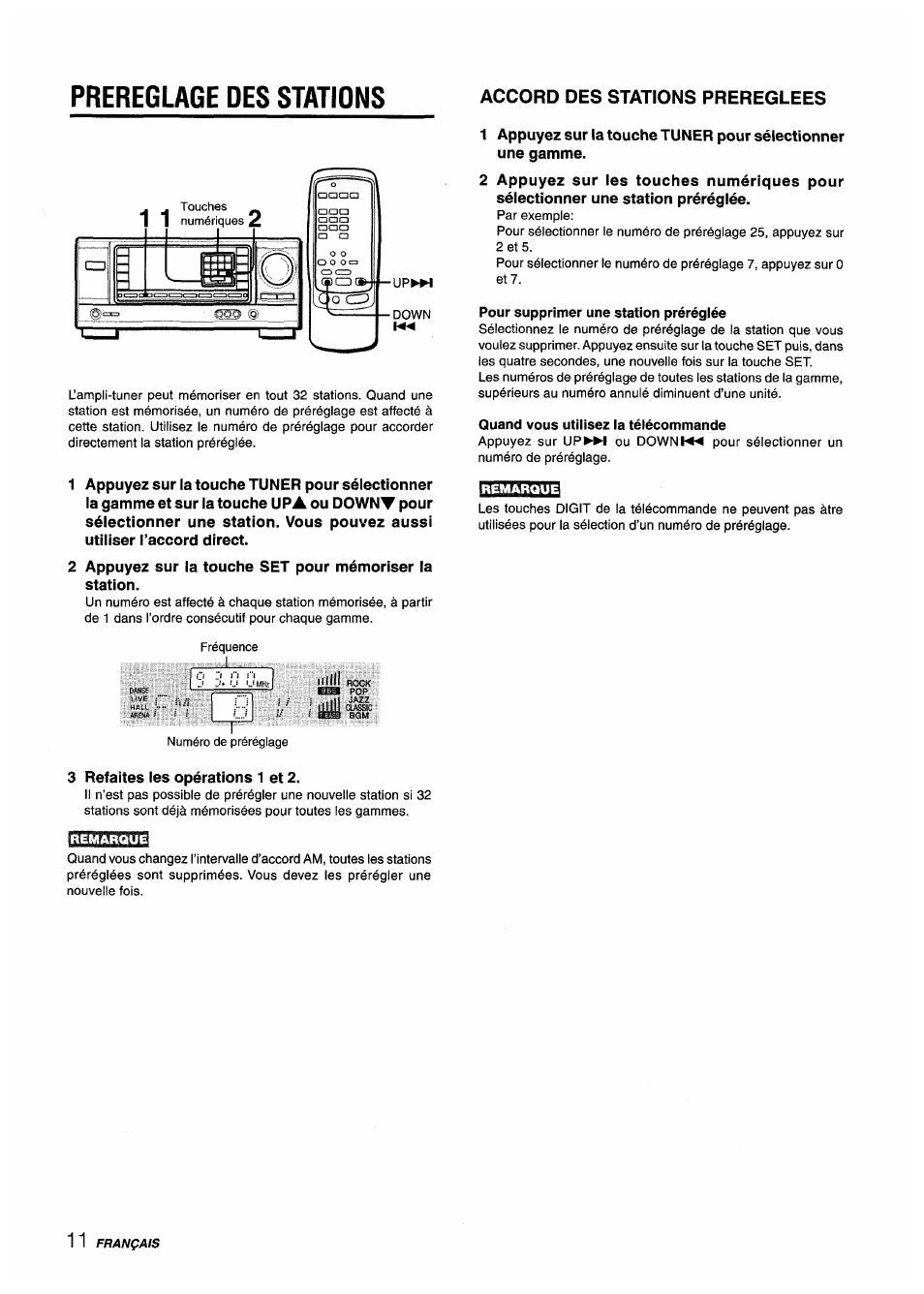 Prereguge des stations, Accord des stations prereglees, Pour supprimer une station prérégiée | Quand vous utiiisez ia téiécommande, Remarque, Prereglage des stations | Aiwa AV-X220 User Manual | Page 48 / 60