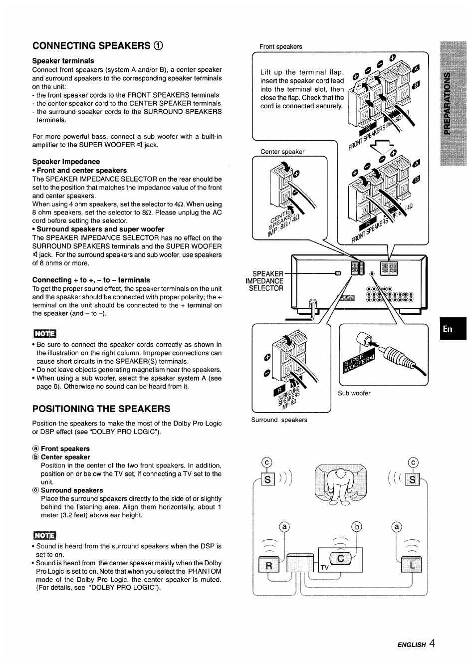 Connecting speakers, Speaker terminals, Speaker impedance | Connecting + to +, - to - terminals, Positioning the speakers, Front speakers ® center speaker | Aiwa AV-X220 User Manual | Page 5 / 60