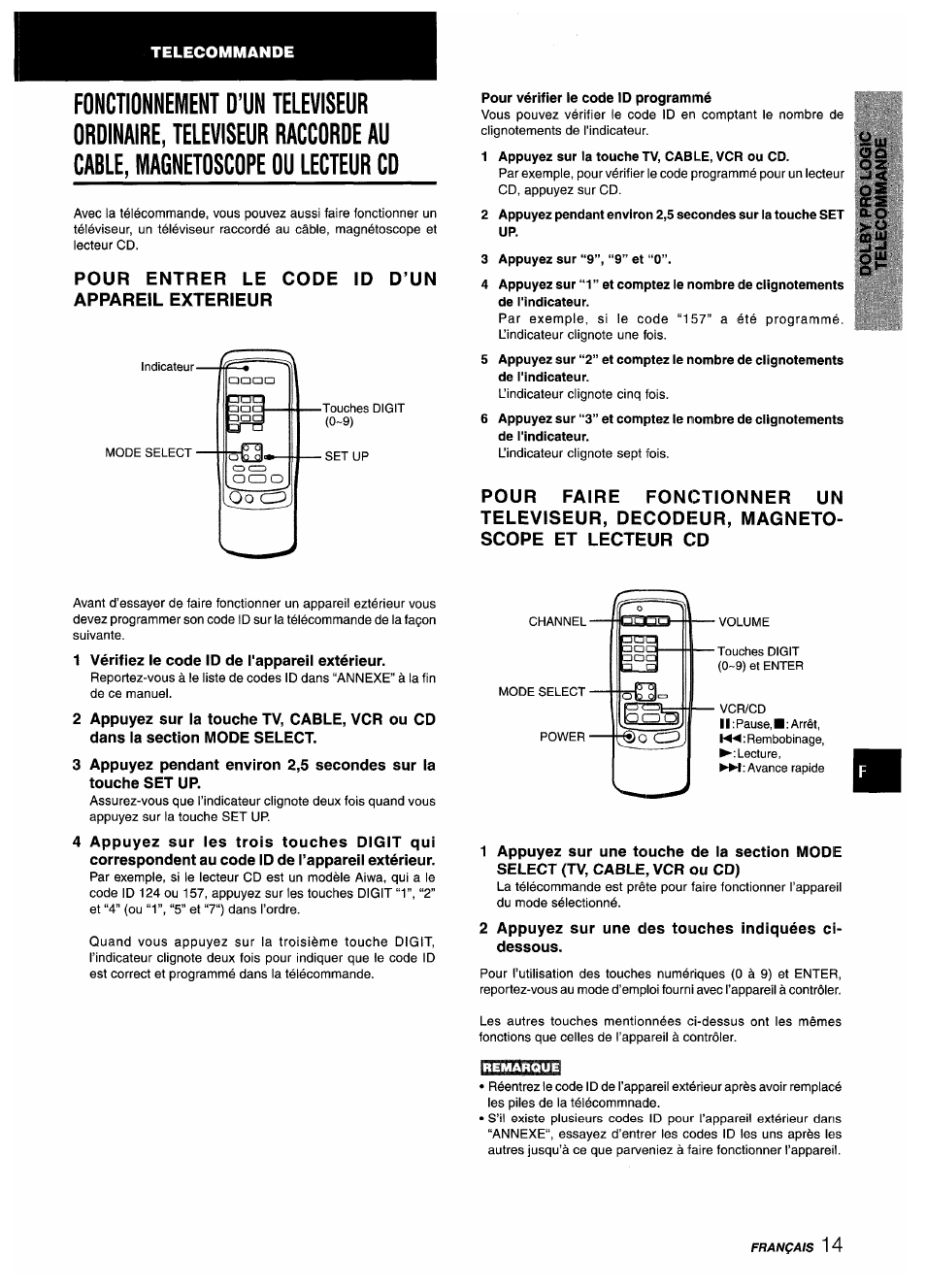 Pour entrer le code id d’un appareil exterieur, Pour vérifier ie code id programmé, 1 appuyez sur la touche tv, cable, vcr ou cd | 3 appuyez sur “9”, “9” et “0 | Aiwa AV-X220 User Manual | Page 51 / 60